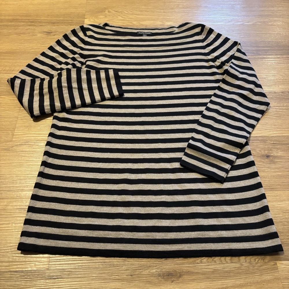 Eileen Fisher Sweater Women's L Black Striped Merino Wool Boat Neck Long Sleeve